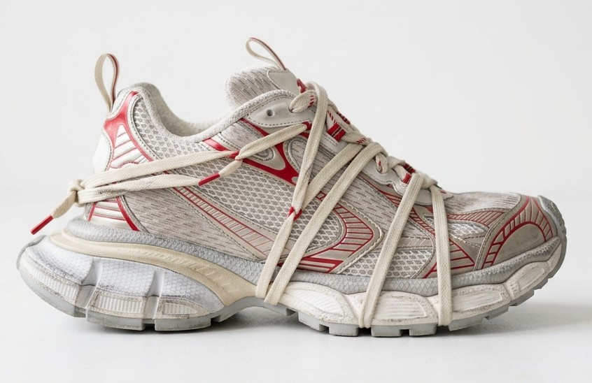 Running shoe with red accents on a white background